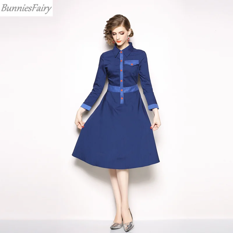 BunniesFairy 2018 осенне зимнее женское темно синее джинсовое платье рубашка средней
