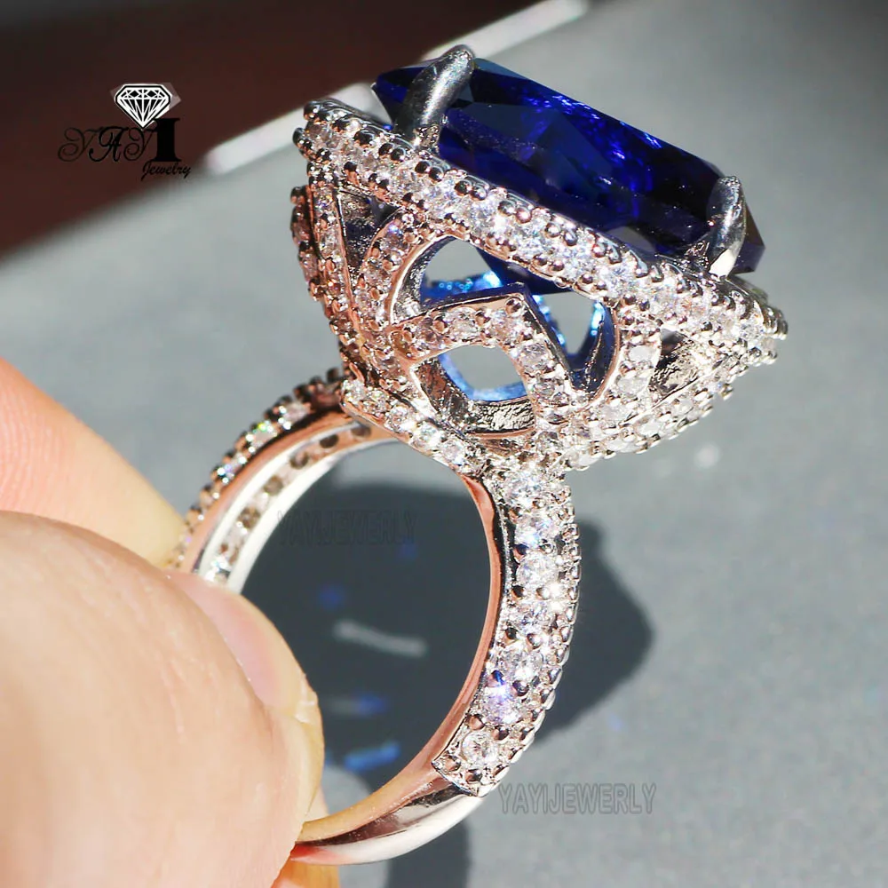 YaYI Jewelry Princess Cut 15*15mm Huge Blue Sapphire Zircon Silver Color Engagement Wedding Heart Rings silver ring wedding rings silver rings silver heart ring Gifts 705