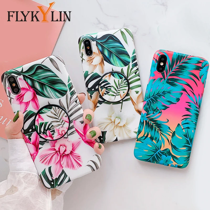 

FLYKYLIN Art Leaf Flower Case For Huawei Nova 3e 4e Cover on P30 Pro P20 Lite Mate 20 Cases IMD Silicone Coque with Holder Stand
