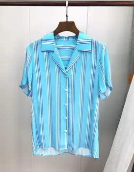 

2019 New Women Blue Striped Silk Short Sleeve Blouse Notched Neck Fresh Summer Shirt