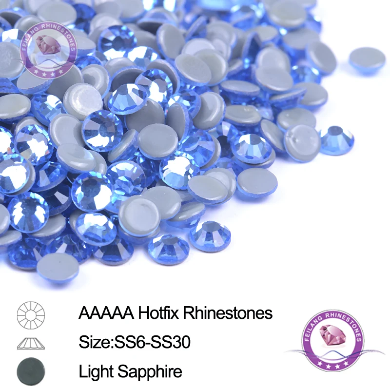 

A++ Light Sapphire Hotfix Rhinestone Flatback Crystals Iron on Strass for Clothing Dress Decoration DIY SS6 SS10 SS16 SS20 SS30