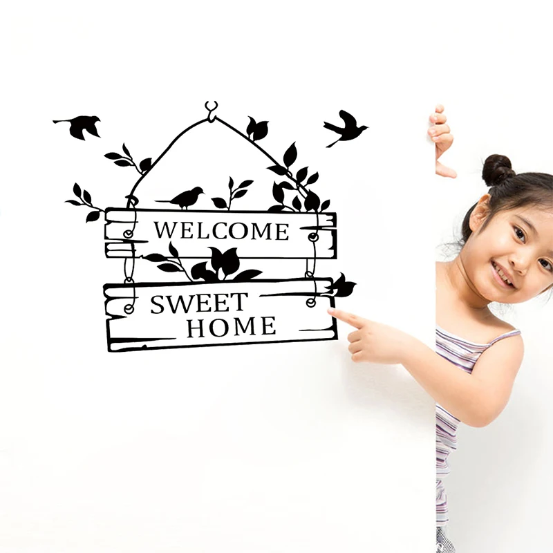 Welcome Sweet Home Door Sign Letters Birds Pattern Wall Stickers Accessories Vinyl Living Room Indoor Decor Wall Mural Art