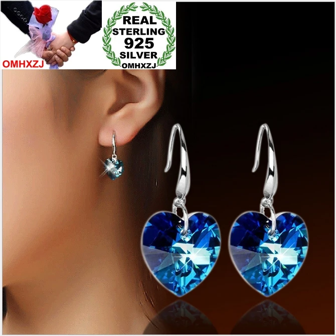 

OMH Wholesale Fashion jewelry Blue love heart crystal 925 sterling silver Stud earrings YS101