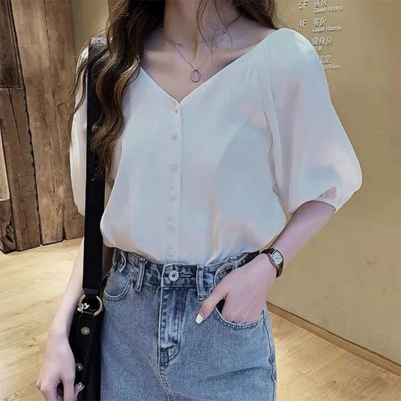 New Plus Size Women Sleeve Loose Blouse Casual Shirt Summer Chiffon Yellow White Red Button Shirts Tops - Цвет: ZGZ120-WT