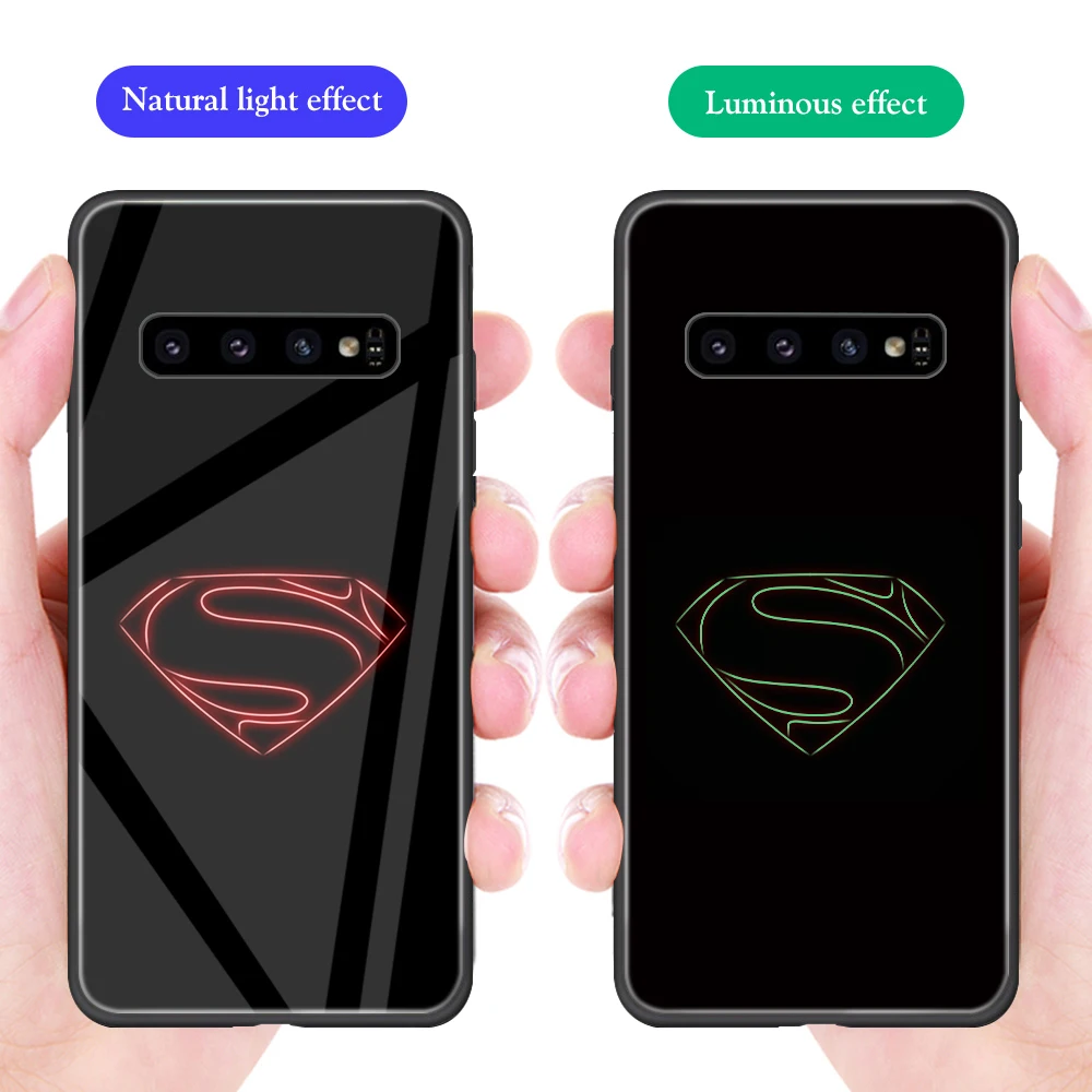 

ciciber Phone Case for Samsung Galaxy S10 S9 S8 Plus Note 9 8 S10e S10+ S9+ S8+ Luminous Glass Marvel DC Superman Cover Coque