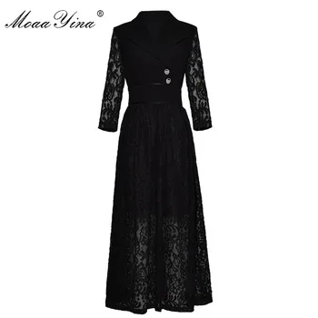 

MoaaYina Black Lace 3/4 sleeve Turn-down Collar Elegant Slim Dress Spring Women Spliced Lace See through Fashion Runway Dress