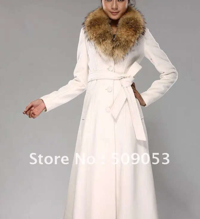 Women Coat, Warm Winter Women Coat, Full length Cashmere Coat, Genuine Fox Fur Collar White Plus