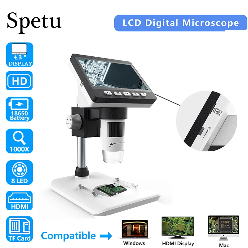 

4.3 inch LCD 1000X HD 1080P Digital Microscope 8mm Students Electronic Microscope Lab Microscopio 8LED Endoscope Magnifier Cam