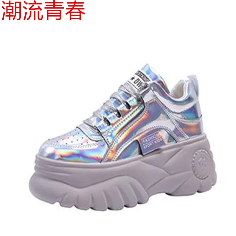 New Women casual shoes Thick bottom Sneakers Fashion Vulcanize Shoes Woman Leather Platform Shoes Women Chaussure Femme - Цвет: Серебристый