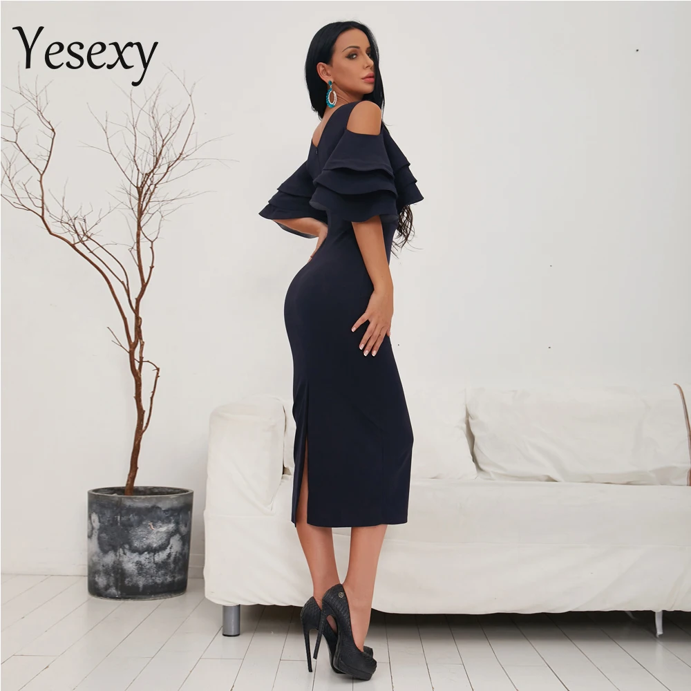 Yesexy, Vestidos Verano, сексуальное платье с открытыми плечами, глубоким v-образным вырезом, рюшами, бабочкой, коротким рукавом, женское элегантное платье для вечеринки, TB0023-1