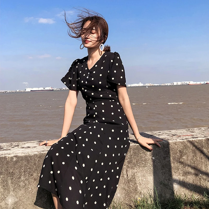 

Fashion women comfortable elegant cute black dot simple dress new arrival party XL-5XL beach fresh big size a-line dress