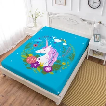 Sky Blue Cartoon Bed Sheet Unicorn Fitted Sheet Colorful Flowers Print Twin Full King Queen Mattress Cover Elastic Band D40