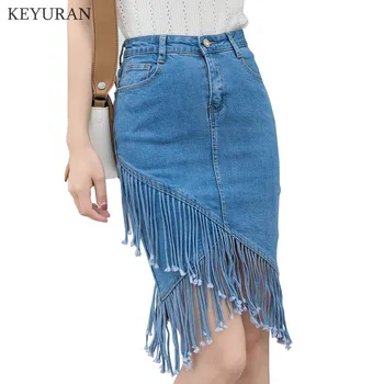 

New 2020 Spring Summer Autumn Women Midi Denim Skirt High Waist Sexy Tassel Asymmetrical Pencil Skirt Elegant Bodycon Femininas