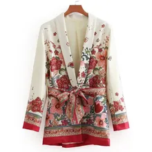 Винтажный блейзер с цветочным принтом, повседневный тонкий пиджак с зубчатым воротником, цветочное кимоно, женские костюмы, кардиган с глубоким v-образным вырезом и поясом