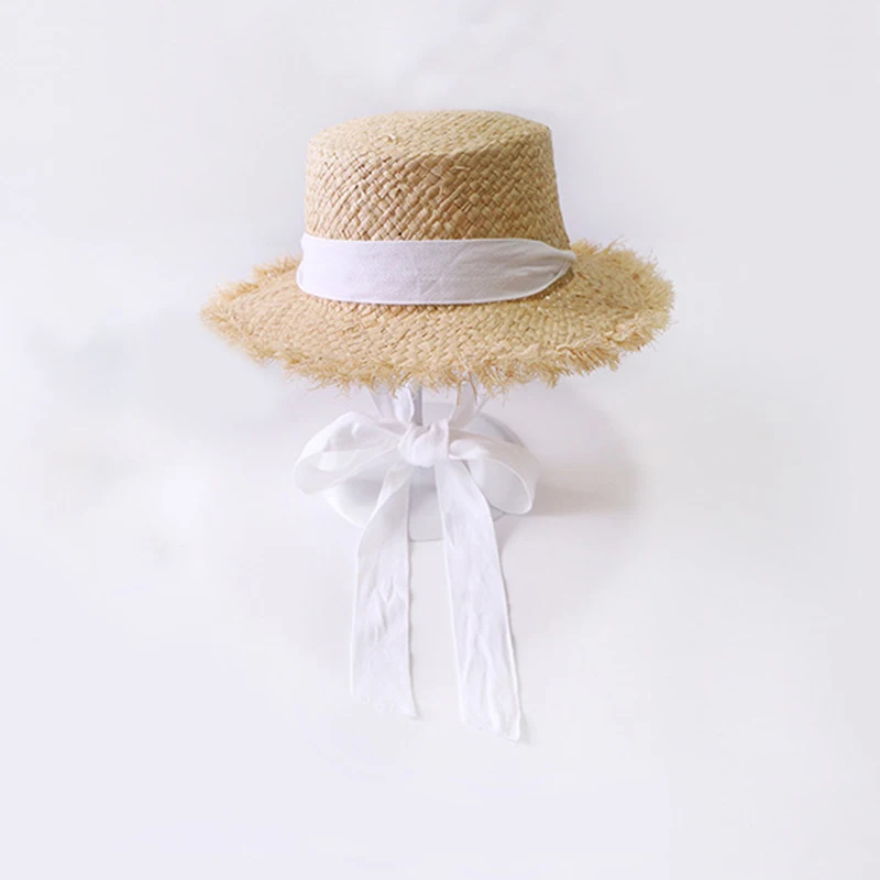 Новинка, летние Панамы ручной работы, шляпы для женщин с широкими большими полями, пляжные шляпы от солнца с модным длинным ленточным козырьком, соломенная шляпа из рафии - Цвет: 2