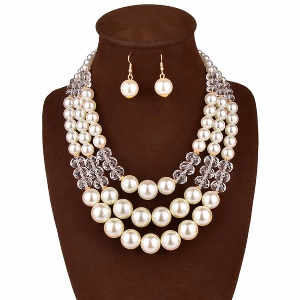 

Elegant Woman's Imitation Pearl Jewelry Sets Women Multi-layer Statement Necklace Choker Earrings Set Jewelry