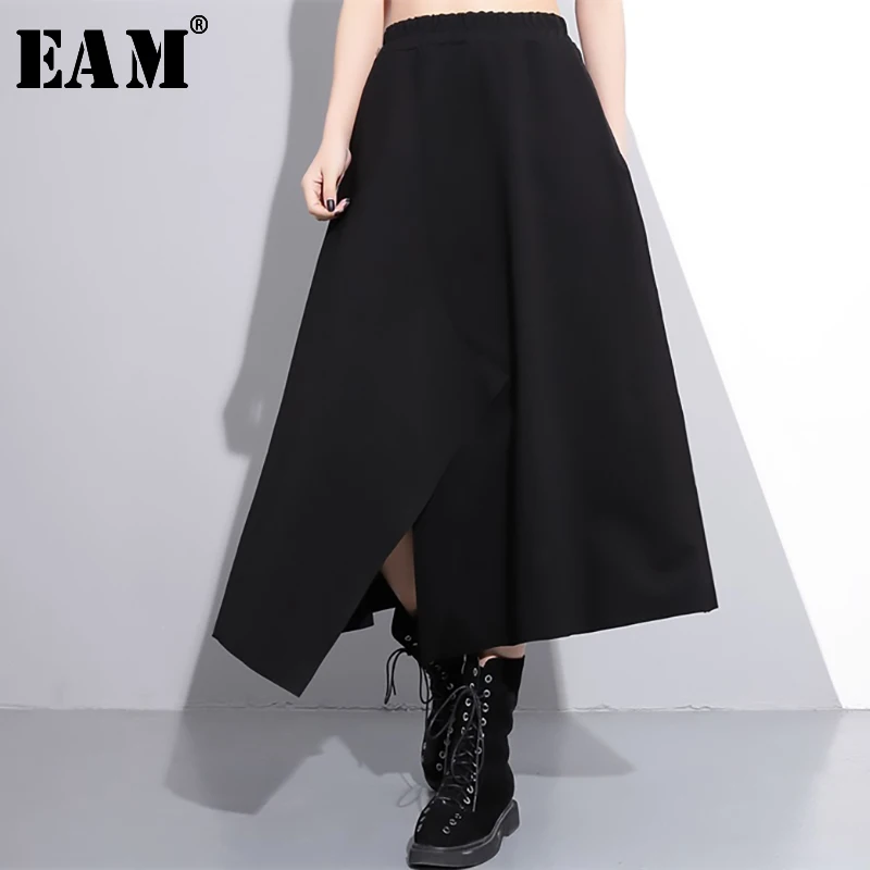 

[EAM] 2019 New Spring High Elastic Waist Black Irregular Hem Vent Loose Big Hem Half-body Skirt Women Fashion Tide JE52401M