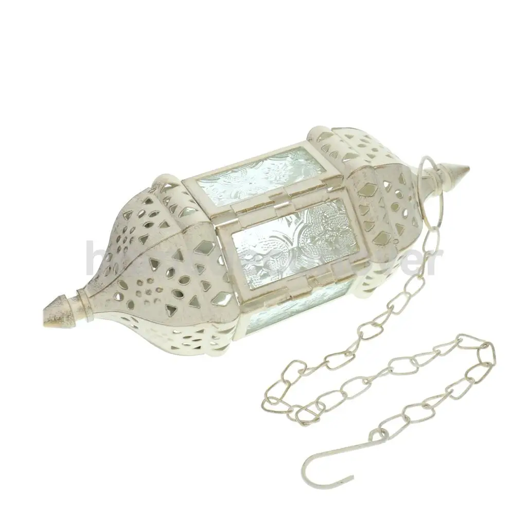  2PCs Moroccan Style Metal & Glass Teal Light Candle Holder Hanging Candleholder for Wedding Home Coffee Shop Decor (White)