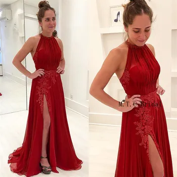 

Graceful Appliques Chiffon Burgundy Evening Dress Halter High Split A Line Long Elegant Formal Dresses 2019 New Women Party Gown