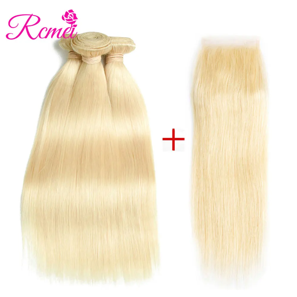 Straight Human Hair Bundles with Closure Brazilian Ombre 613 Blonde Brown Natural Black 3 Bundles with Closure RCMEI Non Remy