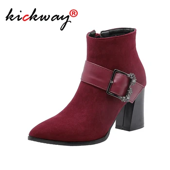 

2019 New Buckle Strap Women Ankle Boots Zip Square High Heel Platform Shoes Woman Casual Party Spring Autumn Ankle Booties 34-48
