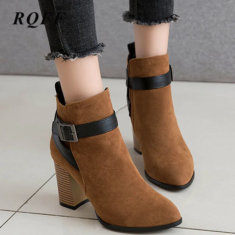 

Women Autumn Winter Ankle Boots Belt Buckle Fashion Shoes Woman Ugged Zip Round Toe Low Square Heel Boot Big Size 42 43 for Gray