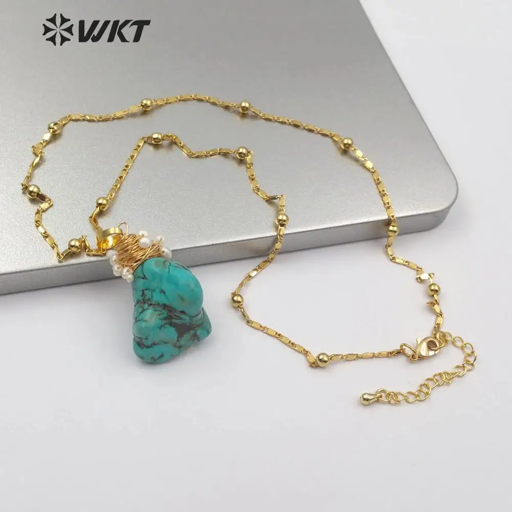 WT-N1153 WKT натуральный туркиз кулон сырой камень говлита с латунной проволокой, женское модное ожерелье