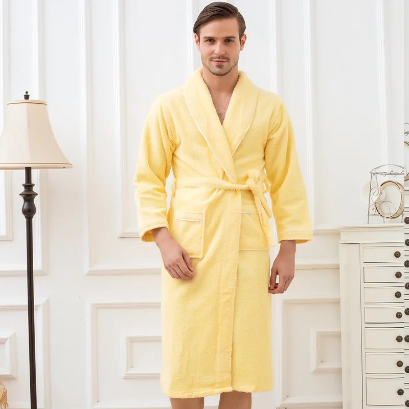 Мужской халат, хлопковое плотное полотенце, флис, мужской халат, полотенце, одежда для сна, чистый цвет, ночная рубашка, кимоно для длинных фланелевых пижам