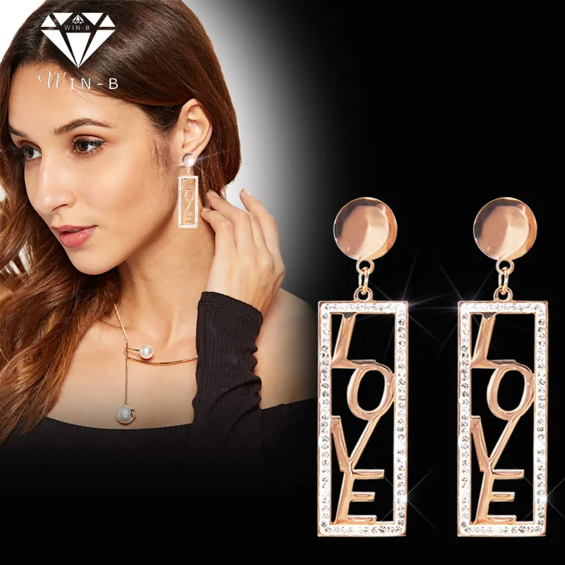 

WIN-B Hot fashion LOVE retro Titanium steel Crystal earrings new design hollow hanging earrings charm jewelry lady gift
