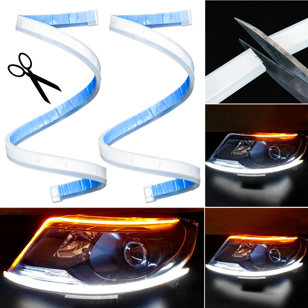 

60cm New Slim Amber Sequential Flexible LED DRL Strip For Headlight daytime running light with yellow turn signal lamp 12V
