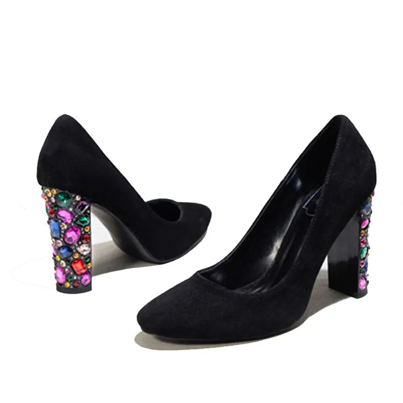 Knsvvli/женские туфли-лодочки черного цвета со стразами на не сужающемся книзу массивном каблуке модные женские туфли из флока на высоком каблуке с круглым носком, стразы