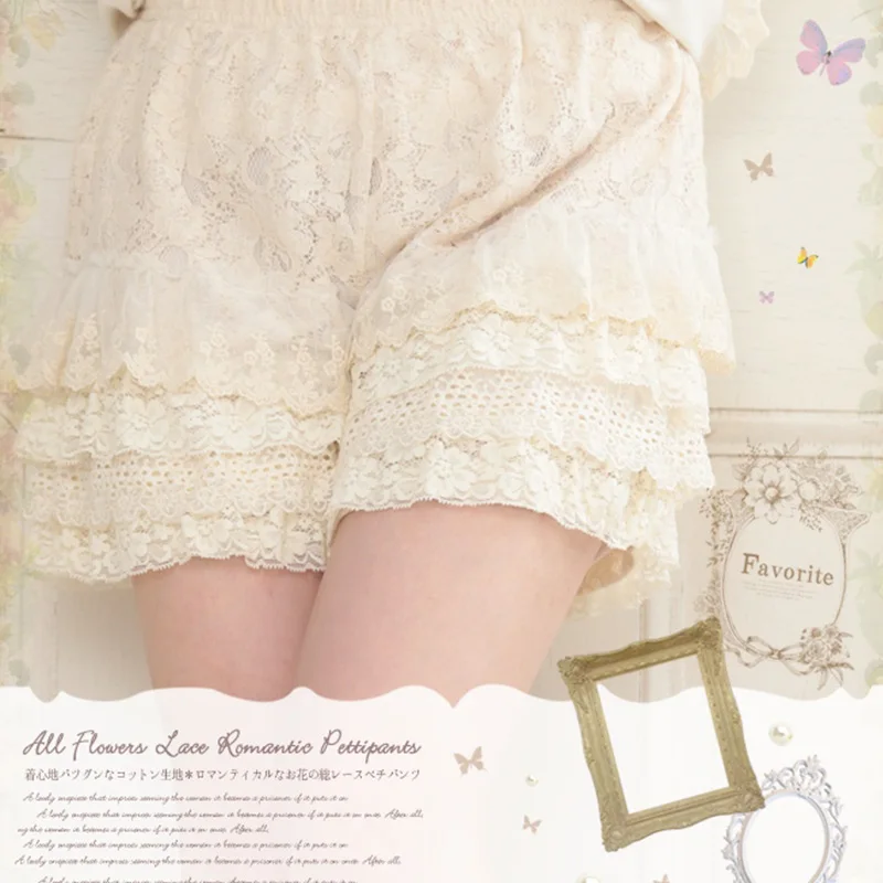 

Summer Mori Girl Sweet Shorts Women Harajuku Lace Solid Color Elastic Waist Hook Flower Hollow Cute Female Bottoming Shorts A292