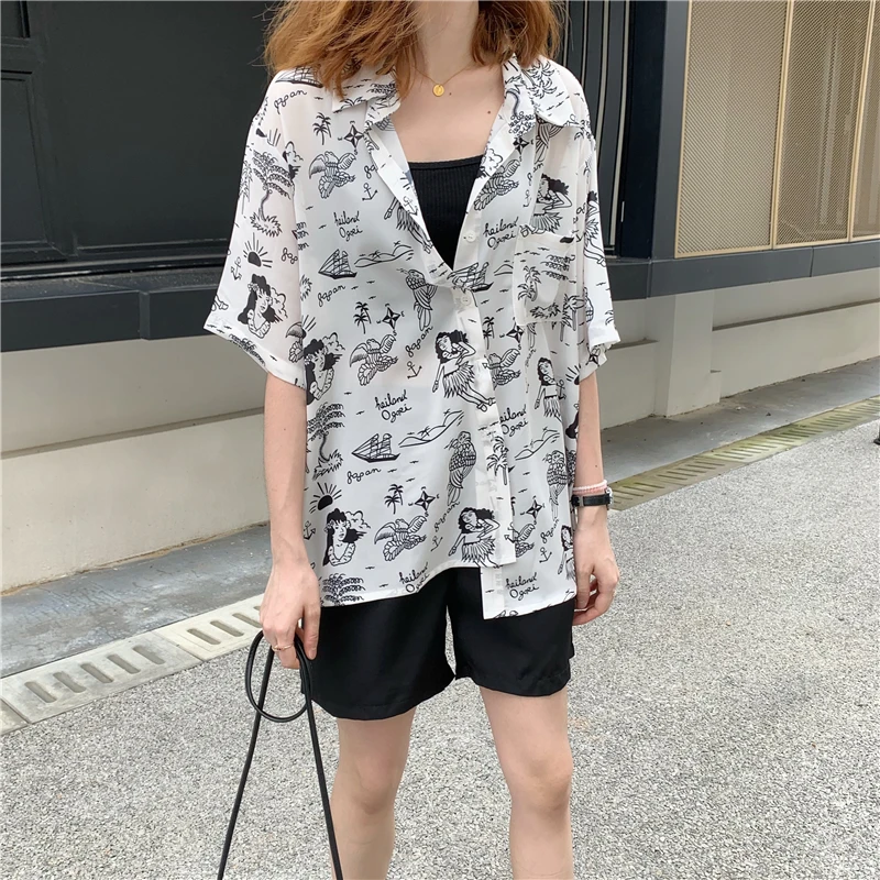 

2019 summer korean style casual print tops womens short sleeve shirts womens blouses (K328)