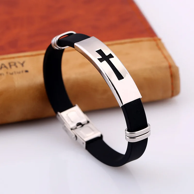 New Arrival Stainless Steel Black Silicone Jesus Cross Bracelets God