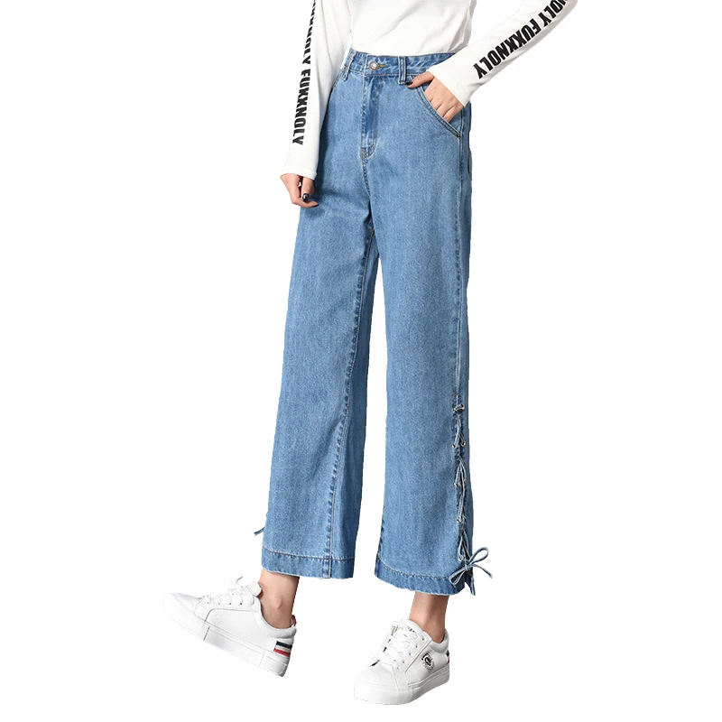 Women Summer Juniors Distressed Wide Leg Pants Button Split Bandage