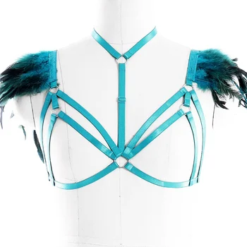 

Feather Epaulette Cage Bra Womens Feathers Goth Hollow Out Body Harness Belt Sexy Angel Wings Bondage Harness Lingerie Rave Wear