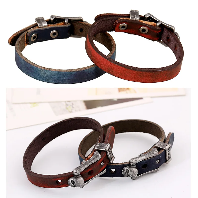 

Fashion Brand Jewelry Men Bracelets Simple Brown Cow Leather Antique Silver Plate Skeleton Alloy Buckle Vintage Bangles for Men