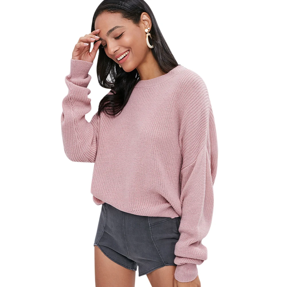 

ZAFUL Plain Chunky Drop Shoulder Loose Pullover Sweater Solid Crew Neck Elastic Top Knit Oversized Sweater For Women 2019