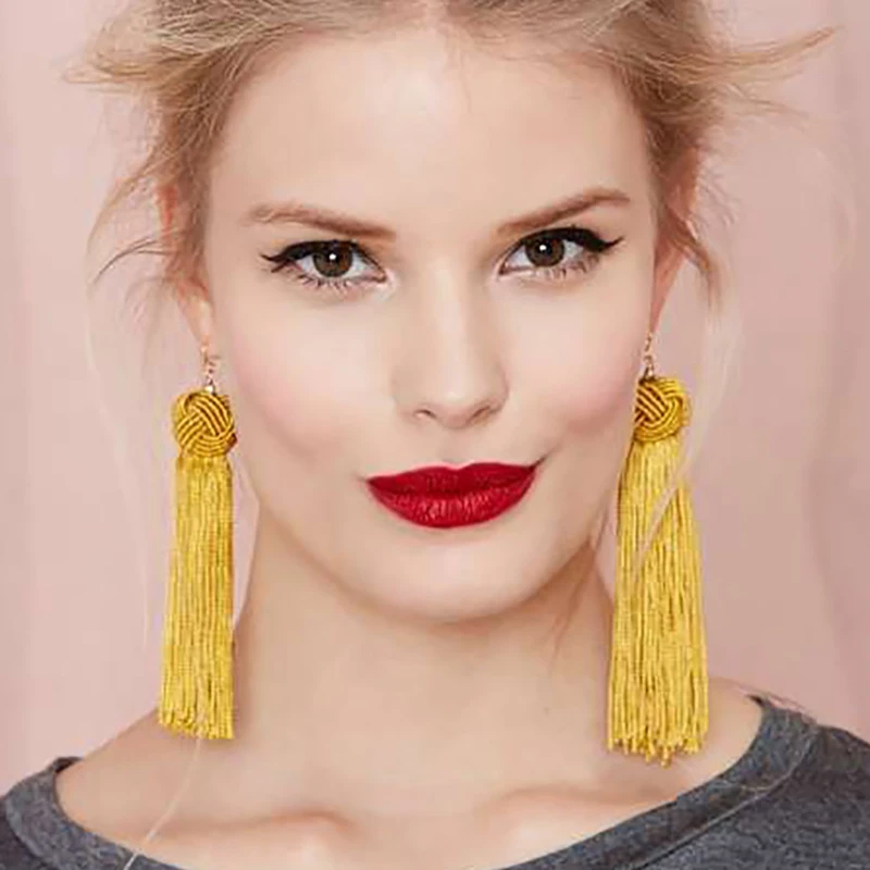 

Weave Earrings Boho Tassel Drop Earrings for Women Midi Long Thread Braided Brincos De Gota Feminino Bijoux Yellow Ball
