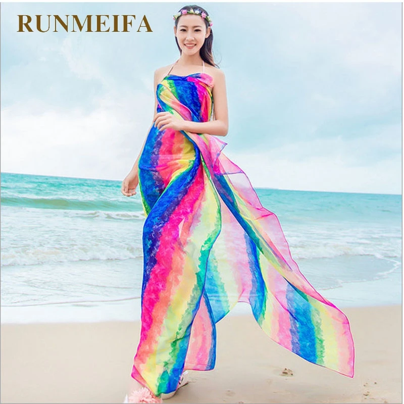 

[RUNMEIFA] Summer Print Silk Scarf Oversized Chiffon Scarf Women Wrap Sarong Sunscreen Pareo Beach Cover Up Long Cape Female