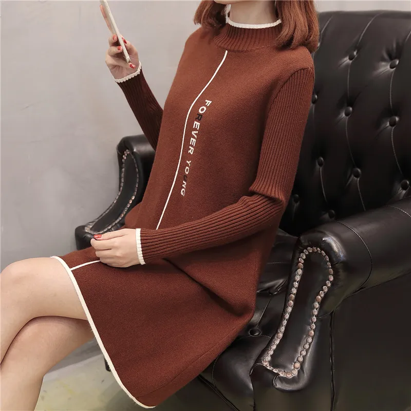 Осеннее и зимнее женское платье-свитер в Корейском стиле с буквенным принтом, трикотажное прямое платье с круглым вырезом, офисные модные женские платья