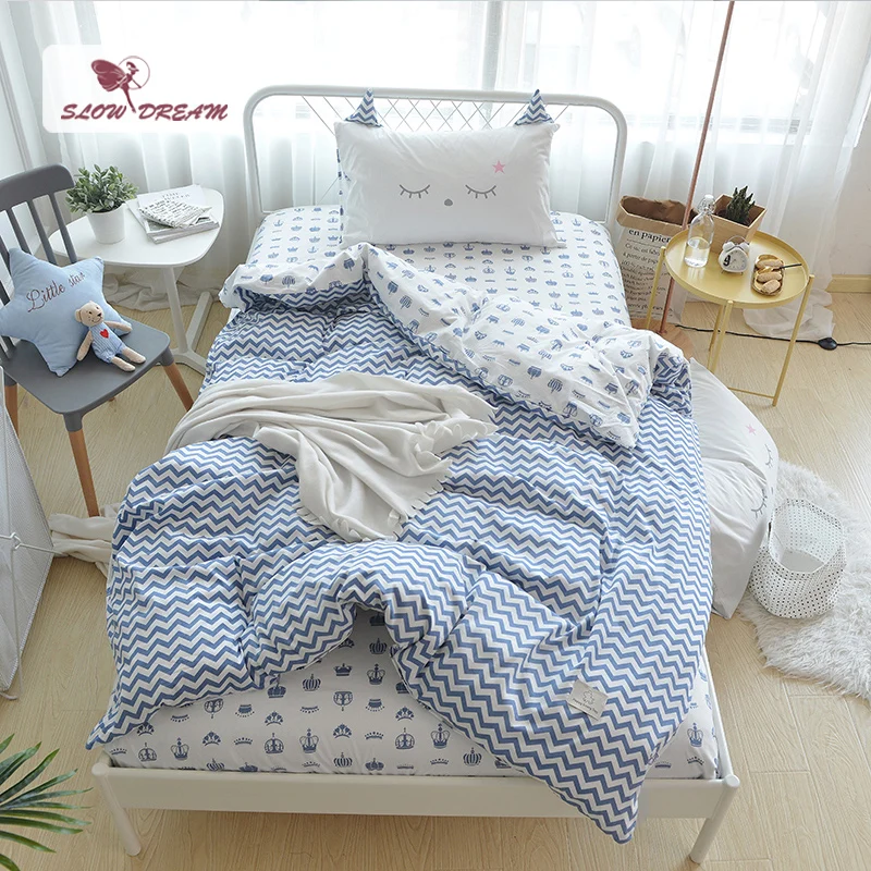 

SlowDream Baby Blue Wave pattern Crown Bedding Set Kids Embroidery Duvet Cover Set 100% Cotton Home Textiles