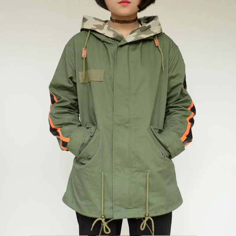 Army Green Short style hooded Canvas fabric Cool wind coat free