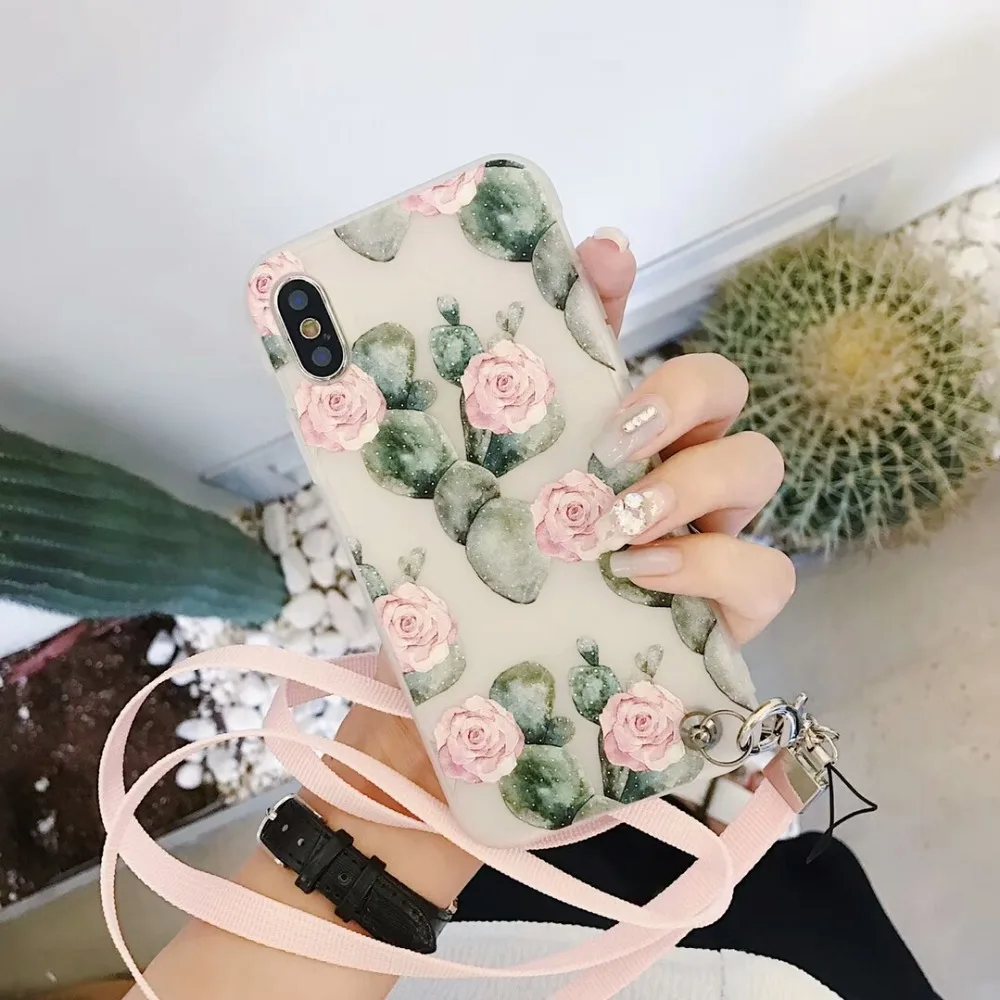

RHOADA Simple Case For Apple iPhone 7 6S 8 Plus X 8 Silicone Strap Handle Trendy Mobile Phone Case Cover Tropical Plants Cute
