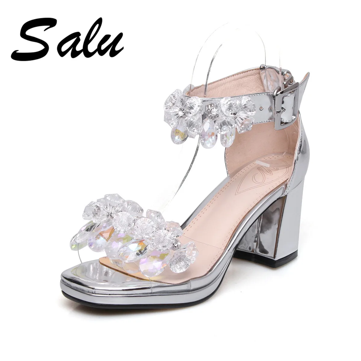 

Salu 2019 New Genuine leather Woman Sandals Summer Open Toe High Heels Female crystal Leather Shoes Ladies Comfortable