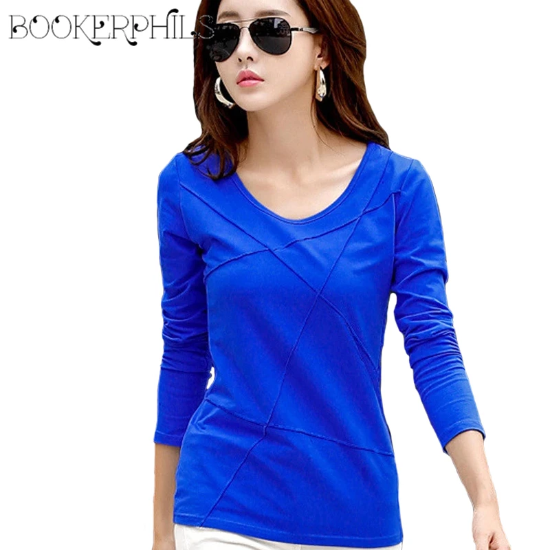 

2019 Spring Summer Long Sleeve Women T-shirt Plus Size Solid Wrinkle Brand Casual Slim Women Tops Tees Cotton Female T-shirts