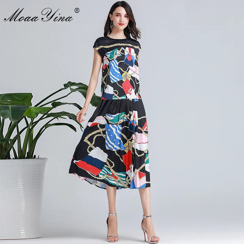 

MoaaYina Fashion Designer Set Spring Summer Women stripe Print Black Elegant Tops+Pleated skirt Two-piece suit