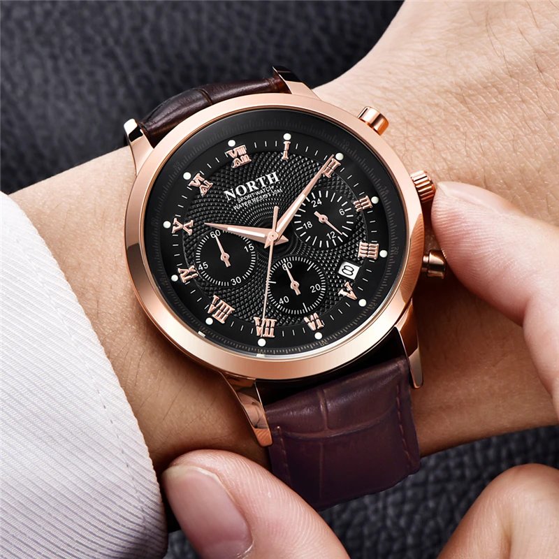 

NORTH Men's Wrist Watches Top Brand Luxury Military Sport Watch Men Casual Leather Waterproof Quartz Watch Relogio Masculino