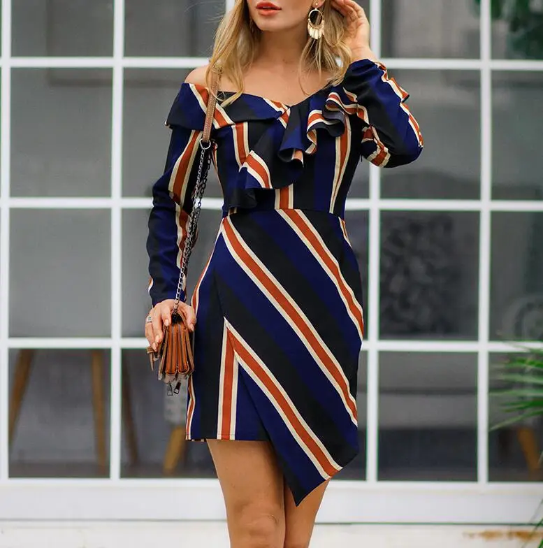 

New dress women price Elegant Sexy Dresses off shoulder striped ruffles casual party dress shirts vestidos de mujer fiesta