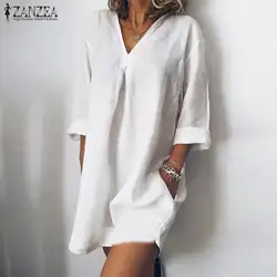 2019 плюс размер ZANZEA летняя блузка женская однотонная v-образный вырез 3/4 рукав Свободные вечерние Туники женские блузки сорочка Femme